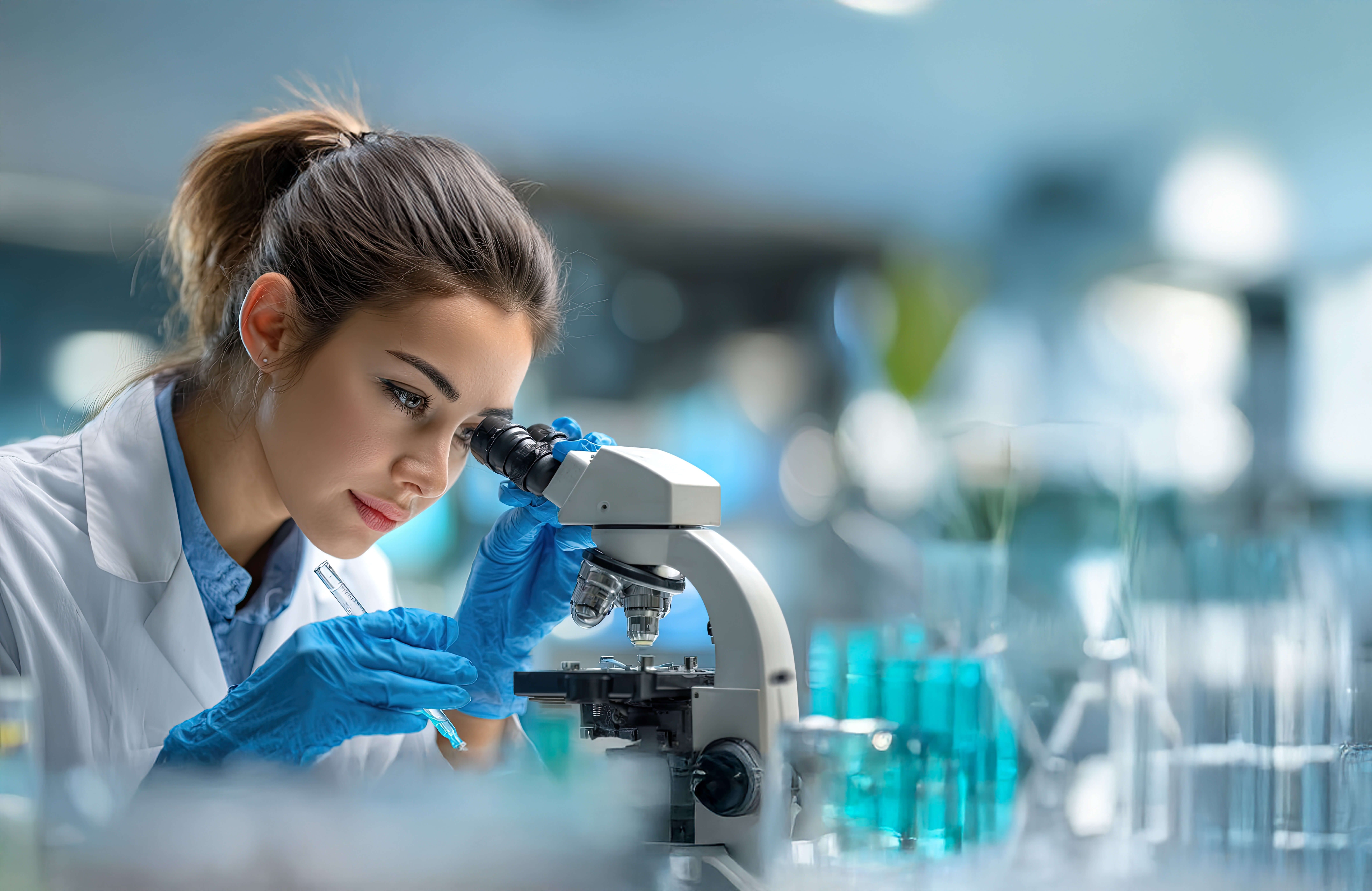 a female scientist in a lab looks through a microscope